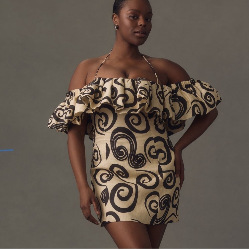 Anthropologie Cream and Black Off-Shoulder Mini Dress